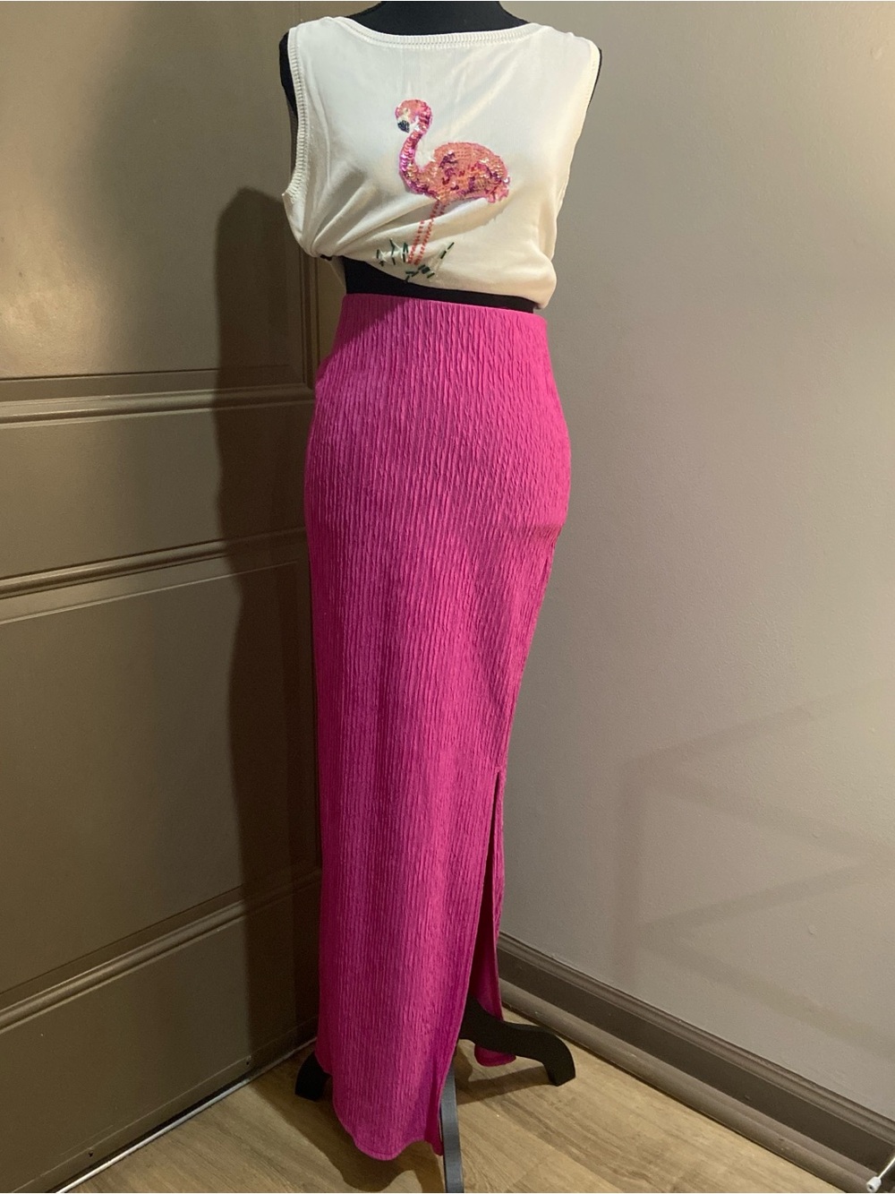 Ribbed Maxi Skirt with Side Slit in Fuchsia